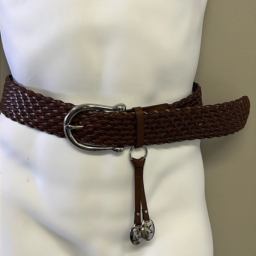 Michael Michael Kors Brown Basketweave Belt with Silver Hardware and Charms- Med